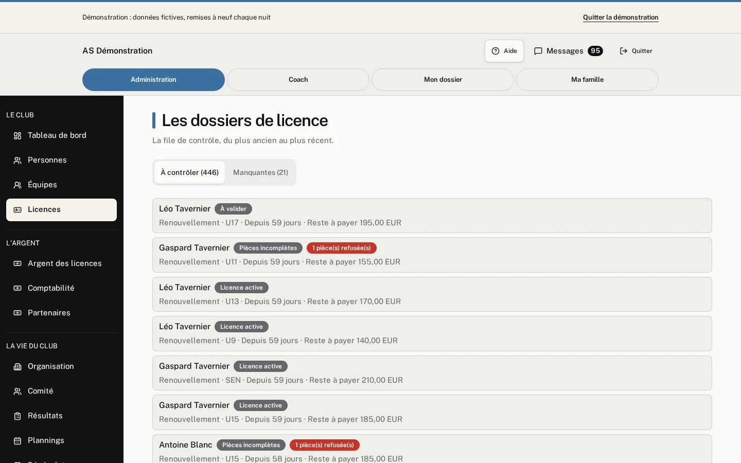 Les dossiers de licence du club de démonstration