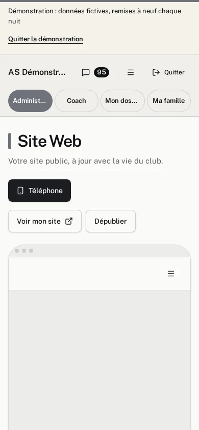 L'éditeur du site du club de démonstration sur téléphone